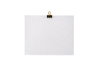 Graph paper sheet with gold binder clip at top center, isolated on a transparent background