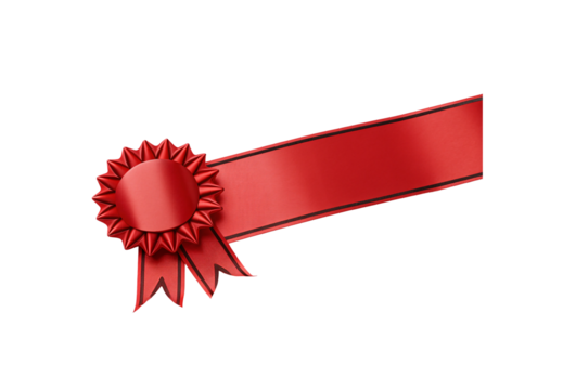 Red award rosette with trailing ribbon and circular center medallion, isolated on a transparent background - Powered by Adobe