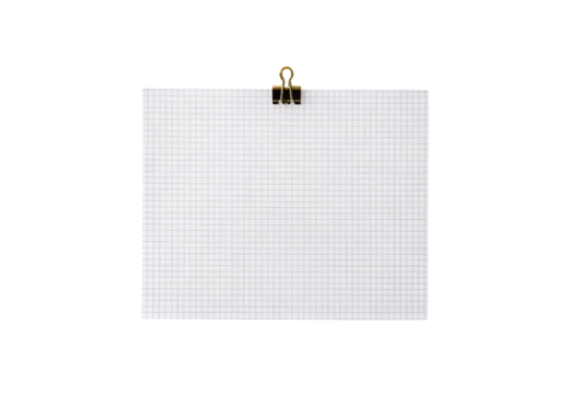 Graph paper sheet with gold binder clip at top center, isolated on a transparent background
