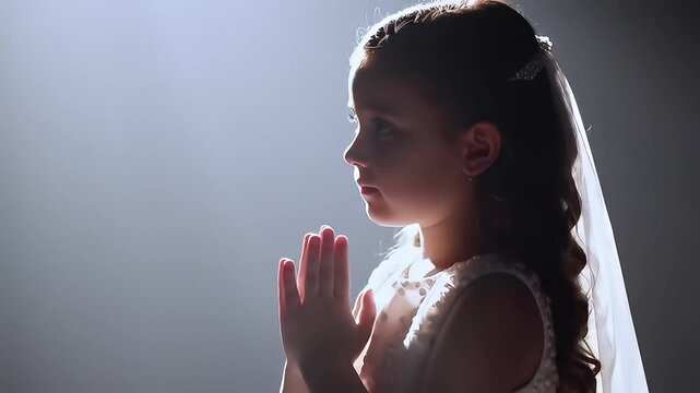 Little Girl with Communion Dress Praying in Studio with Soft Backlight