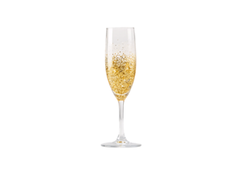 Clear champagne glass containing effervescent golden liquid with concentrated bubbles at bottom half, isolated on a transparent background