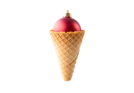 Red Christmas ornament ball in waffle ice cream cone, isolated on a transparent background