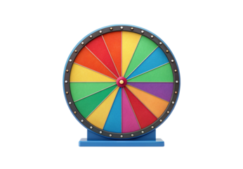 Colorful prize wheel with multiple segments, decorative rivets, blue base stand, carnival game style, vibrant rainbow sections, isolated on a transparent background