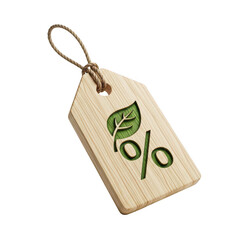 Wooden tag with a leaf and percentage sign isolated on transparent background