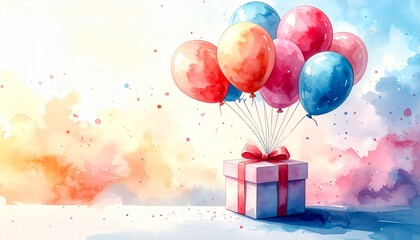 An image illustration of a surprise overflowing with joy and happiness, featuring a box and balloons drifting in the air