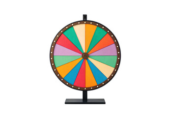 Vintage prize wheel with textured segments, brown wooden frame, decorative studs, black mounting pole, retro carnival design, isolated on a transparent background