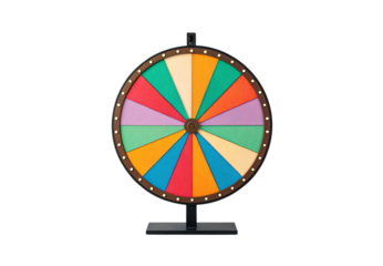 Vintage prize wheel with textured segments, brown wooden frame, decorative studs, black mounting pole, retro carnival design, isolated on a transparent background