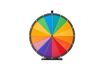 Modern spinning wheel with gradient sections, dark gray border, white decorative dots, minimalist stand, gaming fortune wheel, isolated on a transparent background