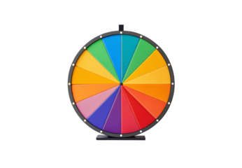 Modern spinning wheel with gradient sections, dark gray border, white decorative dots, minimalist stand, gaming fortune wheel, isolated on a transparent background