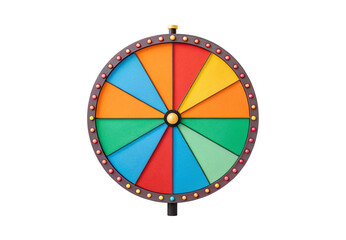 Obraz premium Colorful fortune wheel with varied segment sizes, textured surface, golden decorative lights, center medallion, festive carnival style, isolated on a transparent background