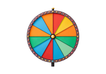 Colorful fortune wheel with varied segment sizes, textured surface, golden decorative lights, center medallion, festive carnival style, isolated on a transparent background