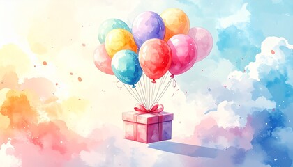 An image illustration of a surprise overflowing with joy and happiness, featuring a box and balloons drifting in the air