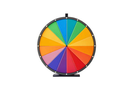 Modern spinning wheel with gradient sections, dark gray border, white decorative dots, minimalist stand, gaming fortune wheel, isolated on a transparent background