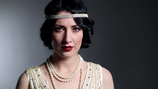 Woman with Curly Black Hair in 1920s Dress with Pearl Necklace on Gray Background