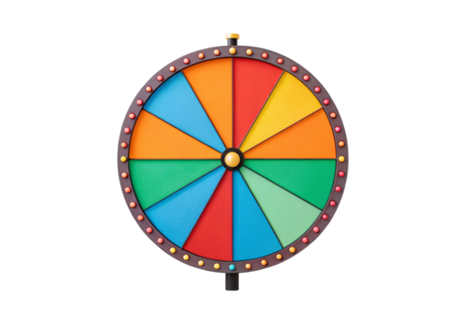 Colorful fortune wheel with varied segment sizes, textured surface, golden decorative lights, center medallion, festive carnival style, isolated on a transparent background