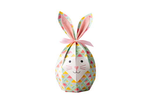 Easter bunny gift bag with geometric triangle pattern, fabric ears, pink ribbon bow, cute rabbit face, holiday packaging, isolated on a transparent background