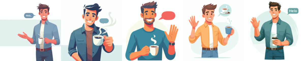 A man greets the morning while carrying coffee.