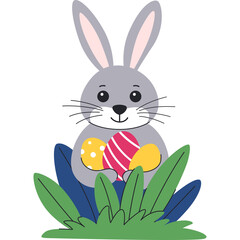 Charming Gray Easter Bunny Holding Colorful Painted Eggs Amidst Green and Blue Foliage on a Transparent Background