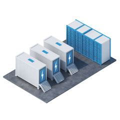 Isometric view of a battery energy storage system isolated on transparent background