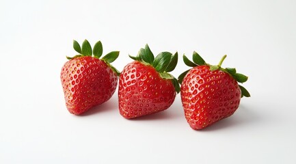 Three fresh strawberries arranged in a row on a white surface