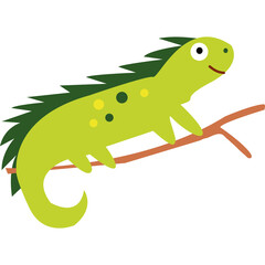 Charming green cartoon iguana perched on a brown branch with a white transparent background suitable for design elements and educational materials