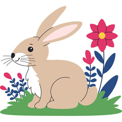 Charming Easter Bunny With Pink And Red Flowers On Green Grass And Transparent Background