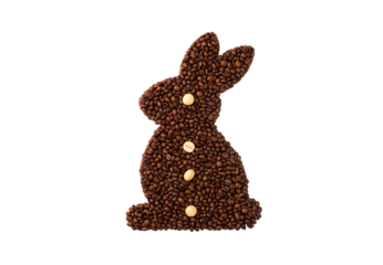 Coffee bean bunny rabbit figure with yellow chocolate buttons arranged vertically down front sitting, isolated on a transparent background