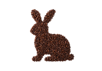 Coffee bean bunny rabbit silhouette sitting upright with raised ears made from roasted coffee beans, isolated on a transparent background