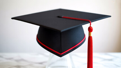 High-quality photo traditional black graduation cap red gold tassel white