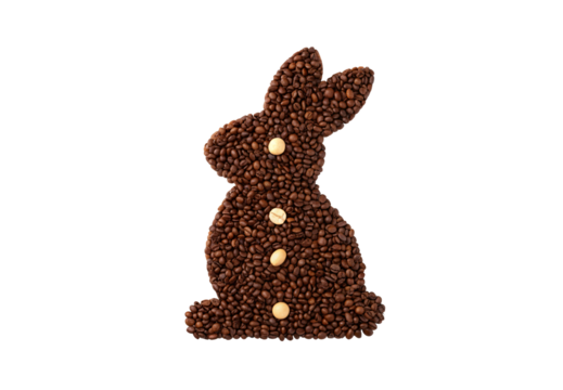 Coffee bean bunny rabbit figure with yellow chocolate buttons arranged vertically down front sitting, isolated on a transparent background