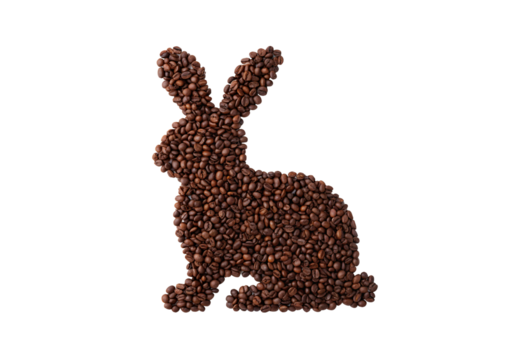 Coffee bean bunny rabbit silhouette sitting upright with raised ears made from roasted coffee beans, isolated on a transparent background