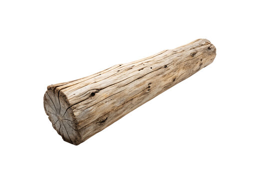 Weathered driftwood log piece with natural grain texture cracks and aged appearance lying horizontally, isolated on a transparent background