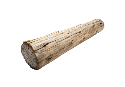 Weathered driftwood log piece with natural grain texture cracks and aged appearance lying horizontally, isolated on a transparent background