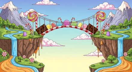 Vibrant Candy Land Landscape with Sweet Bridge and Chocolate Mountains.