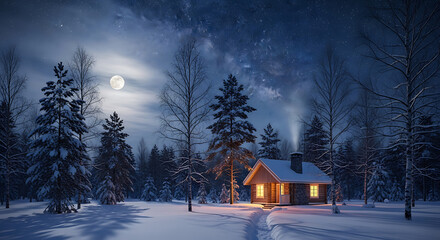 Cozy Cabin in Snowy Forest under Moonlit Winter Sky