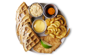 Brunch, Poulet pané avec frites torsadées et gaufre au sucre glace