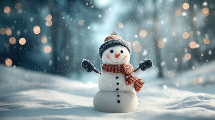 Cute snowman with raised arms, wearing hat and scarf, in falling snow; winter wonderland concept.