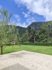 mountain landscape with wooden fence