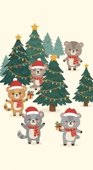 Fototapeta premium Cute Cartoon Bears Celebrating Christmas Amongst Decorated Pine Trees.