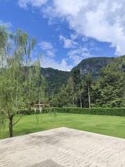 mountain landscape with wooden fence