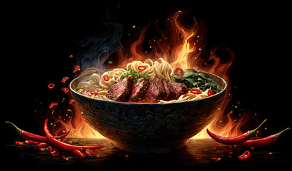 Bowl of spicy noodle dish with beef chunks, surrounded by red chilies and flames; intense heat