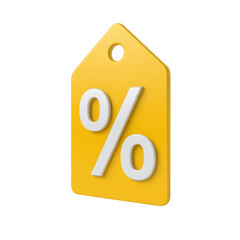Yellow discount tag with percentage symbol isolated on transparent background