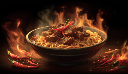 Bowl of spicy noodle dish with beef chunks, surrounded by red chilies and flames; intense heat