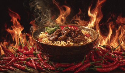 Bowl of spicy noodle dish with beef chunks, surrounded by red chilies and flames; intense heat