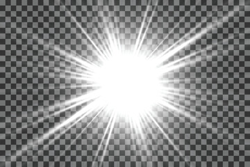 Bright white light burst with lens flare effect vector illustration for design elements isolated on transparent background Rough noisy sand dotted backdrop