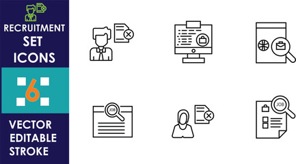A recruitment icon set featuring six editable stroke vector symbols, including resume, profile, job search, candidate selection, and magnifying glass elements for HR design
