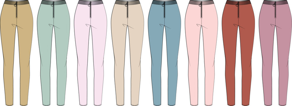 Collection of various colored pants displayed in a row, featuring neutral and pastel shades for versatile styling options