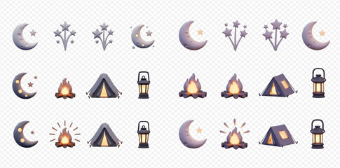 Collection of 3D rendered camping and night sky icons featuring moons, stars, fireworks, campfires, tents, and lanterns on a transparent background.