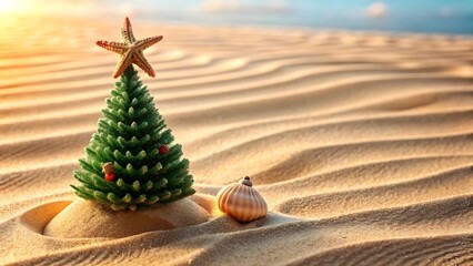 A miniature christmas tree sits on a sandy beach at sunset, adorned with a starfish