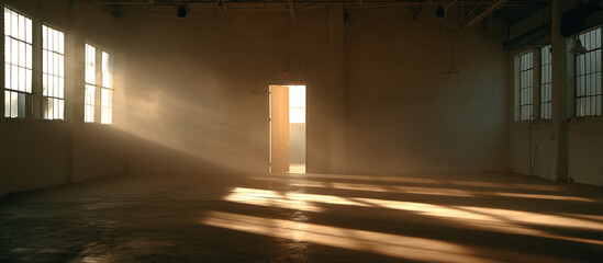 Sunbeams in abandoned warehouse - Industrial interior - Atmospheric decay